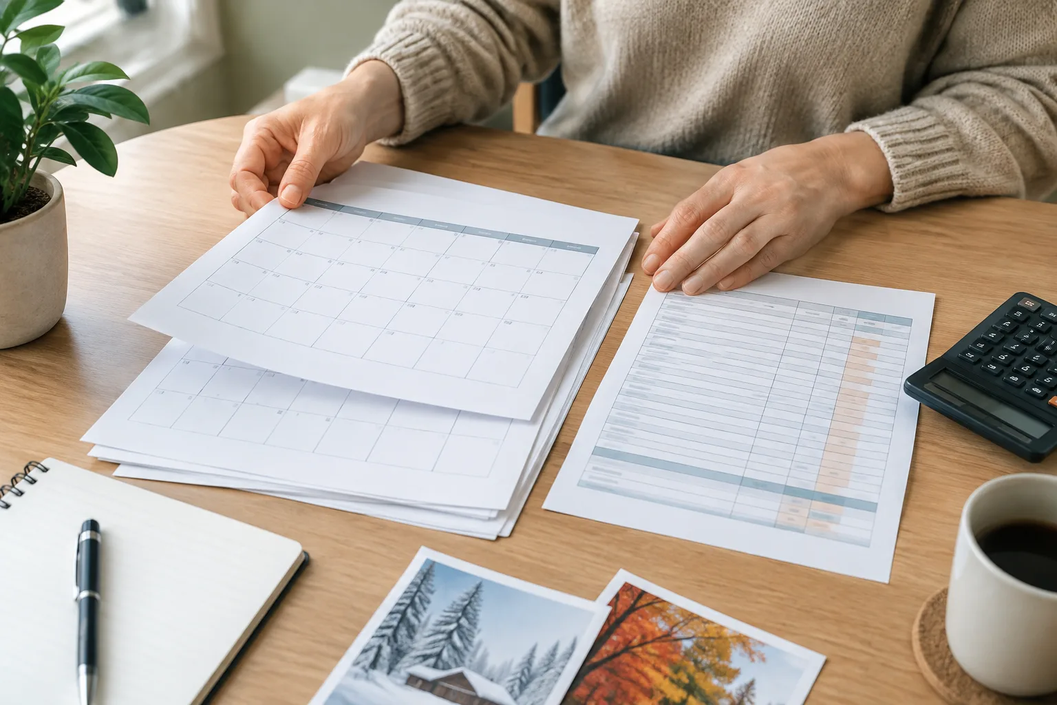 Mains préparant un calendrier de trésorerie à côté d’une calculatrice et de feuilles de prévision.