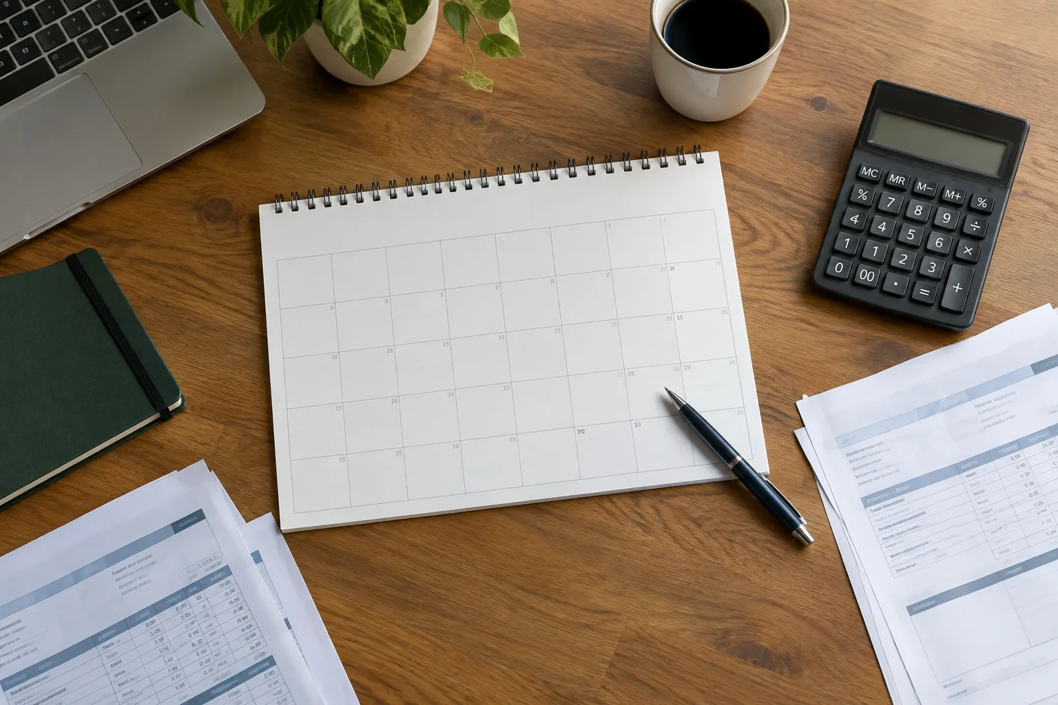 Calendrier vierge, calculatrice et factures disposés sur un bureau de petite entreprise.