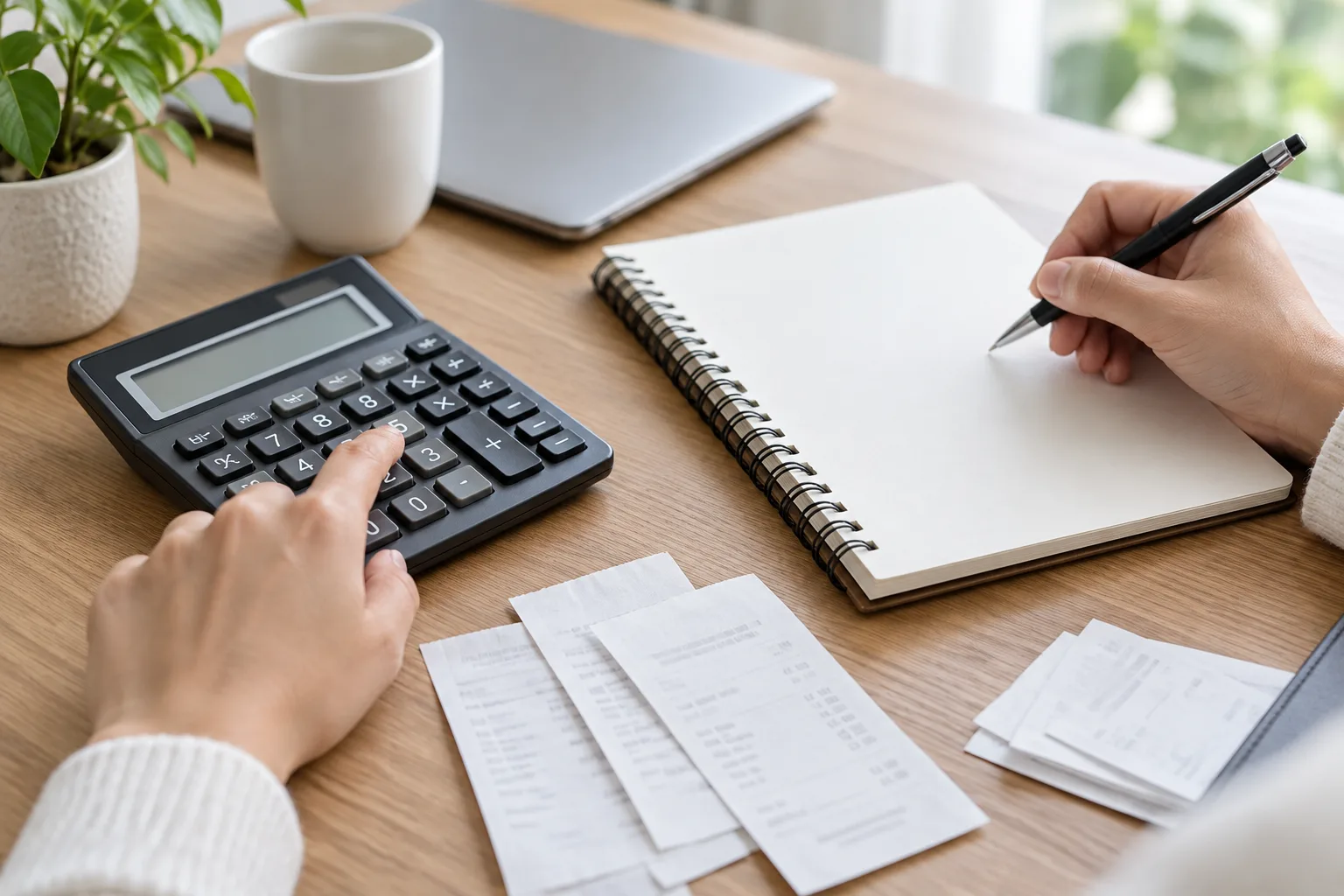 Une calculatrice et des justificatifs sont posés à côté d’un carnet ouvert.