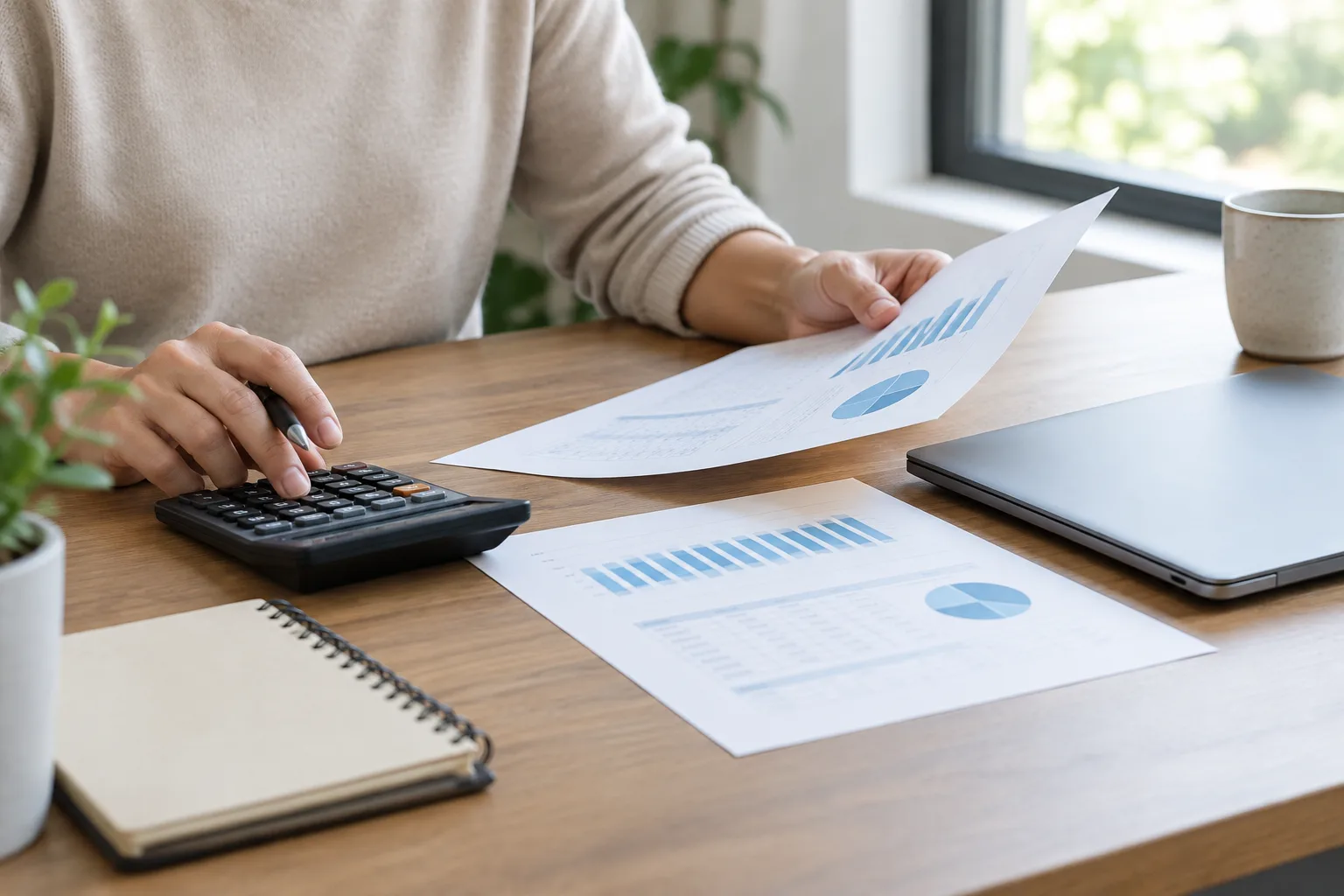 Des mains consultent des documents de gestion et une calculatrice sur un bureau.