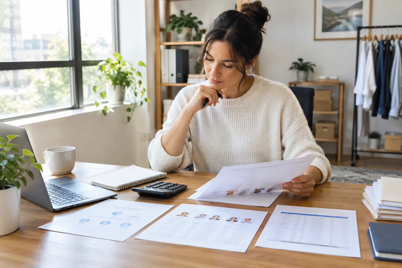 Un dirigeant de petite entreprise examine des documents et une calculatrice à son bureau.