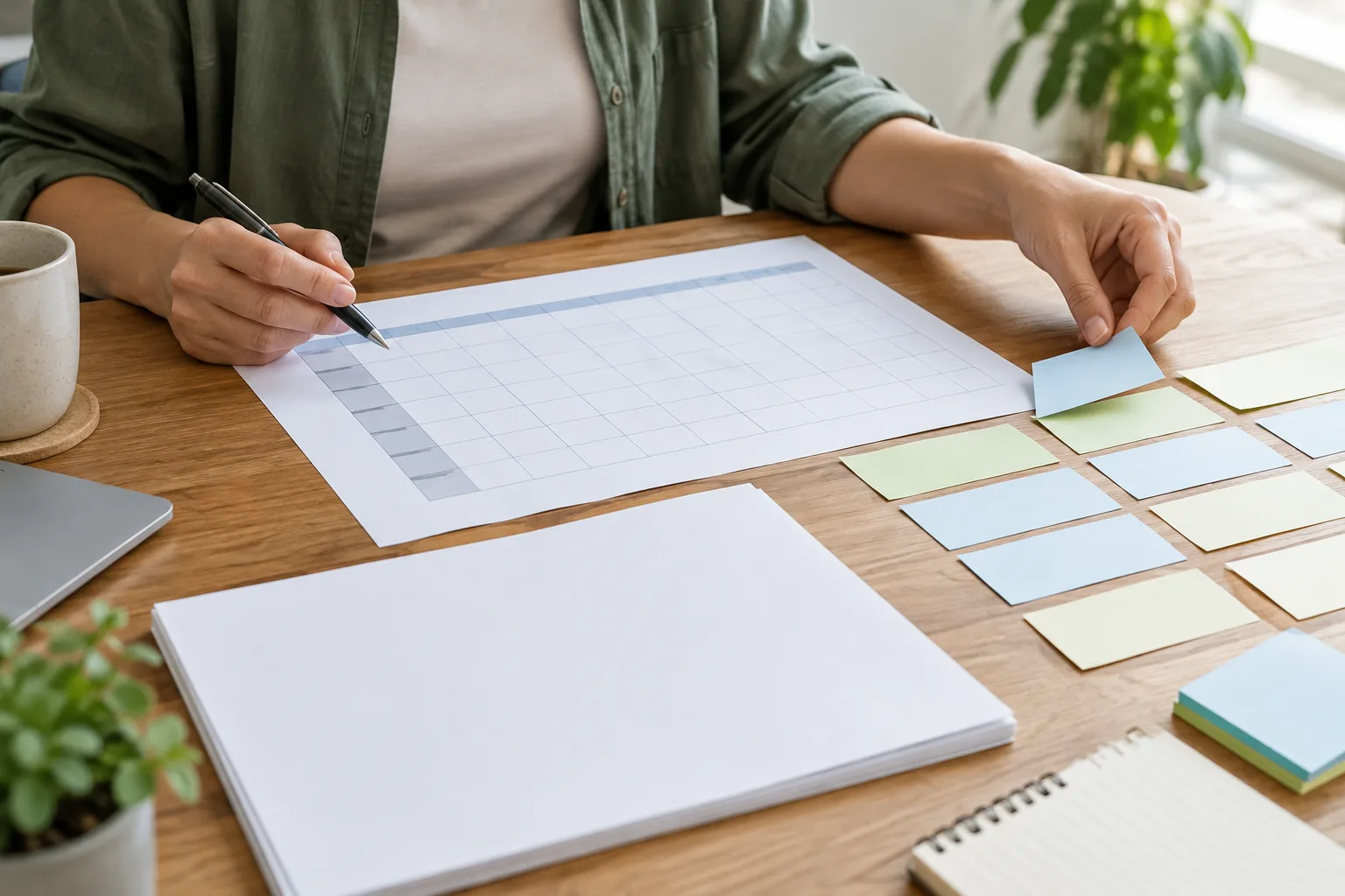 Des mains comparent un planning de projet à des documents vierges pour évaluer une demande supplémentaire.