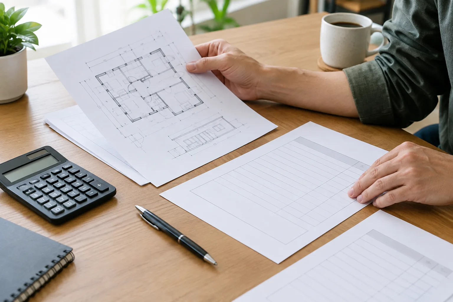 Des mains examinent un planning de projet et des feuilles de devis sur un bureau.