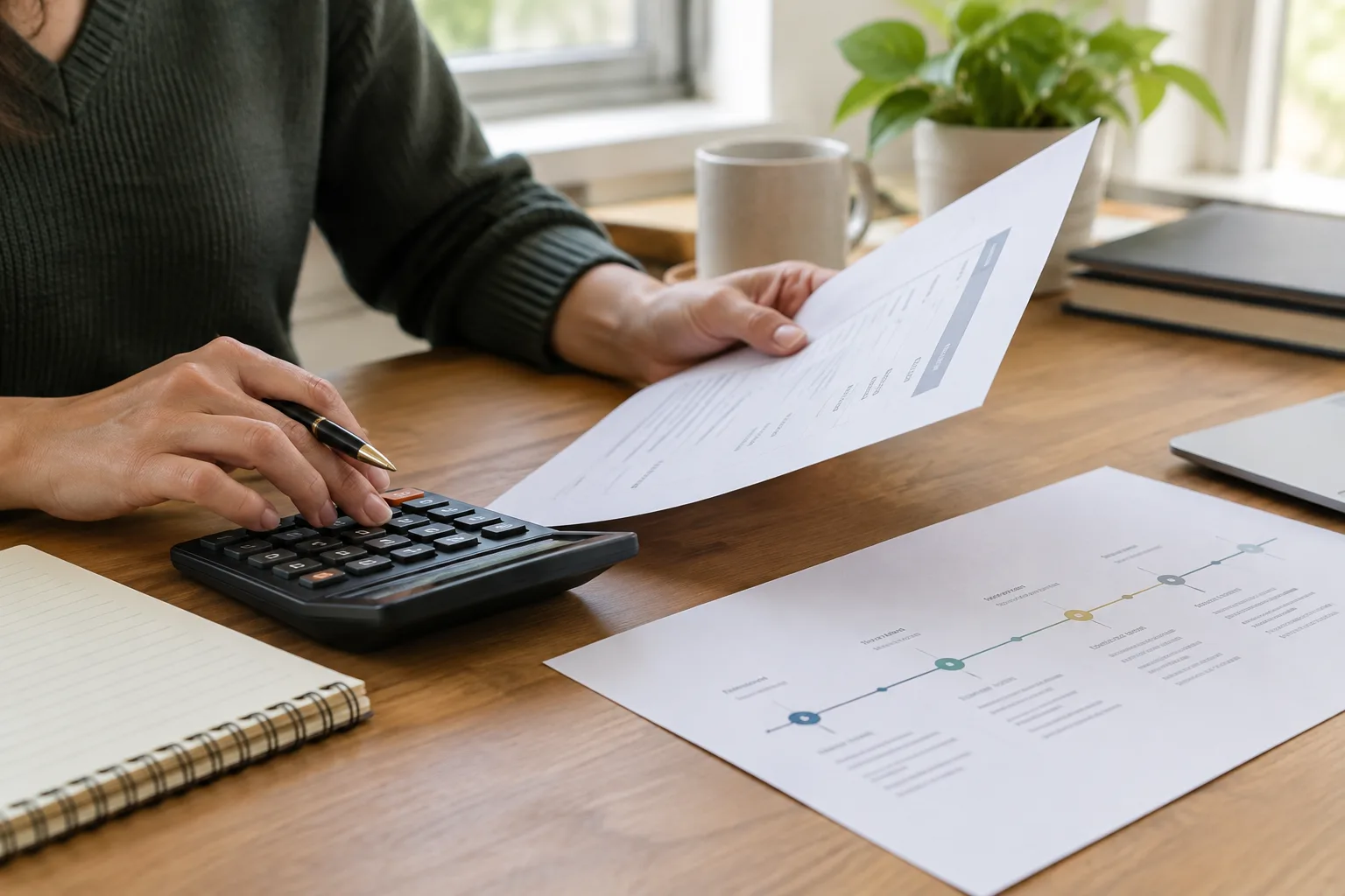 Des mains examinent un devis de prestation avec une calculatrice et un calendrier de projet.
