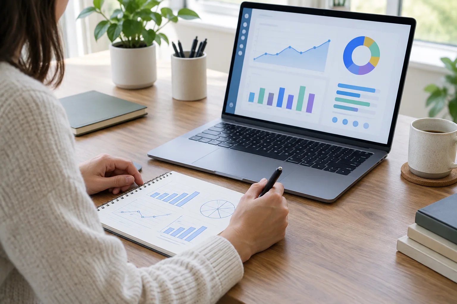 Un dirigeant de petite entreprise examine des résultats marketing sur un ordinateur et dans un carnet.