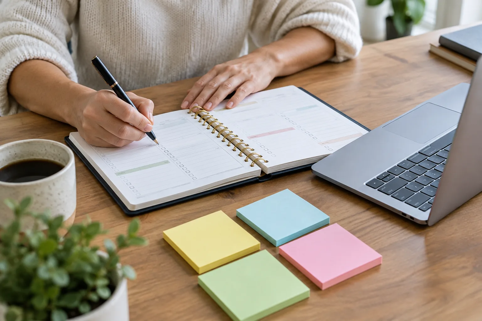 Des mains consignent des actions à suivre dans un agenda ouvert, près d’un ordinateur et de notes adhésives.