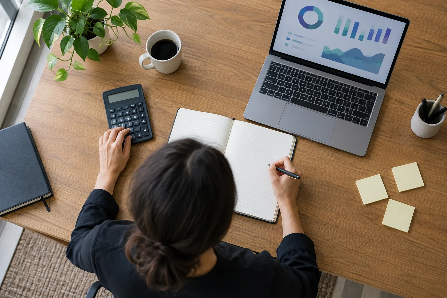 Un dirigeant prépare son point de gestion hebdomadaire à son bureau avec un carnet et un ordinateur.