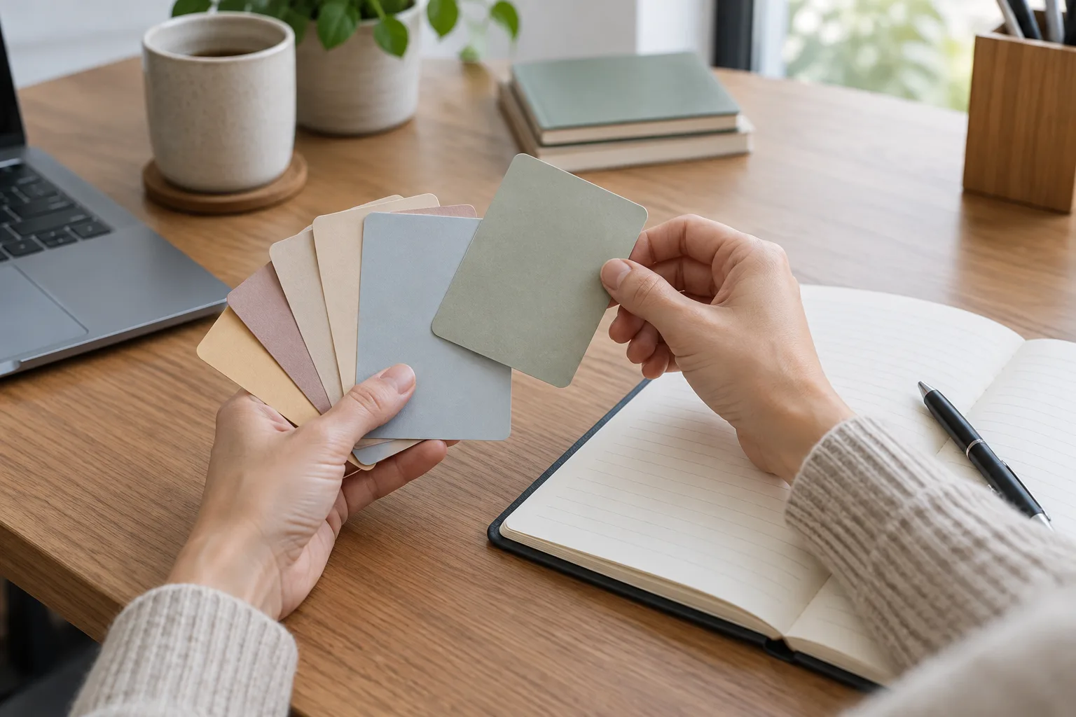 Des cartes vierges sont triées sur un bureau à côté d’un carnet ouvert.