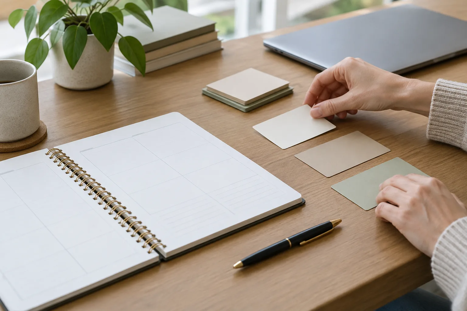 Des mains classent des cartes vierges près d’un carnet de planification sur un bureau.