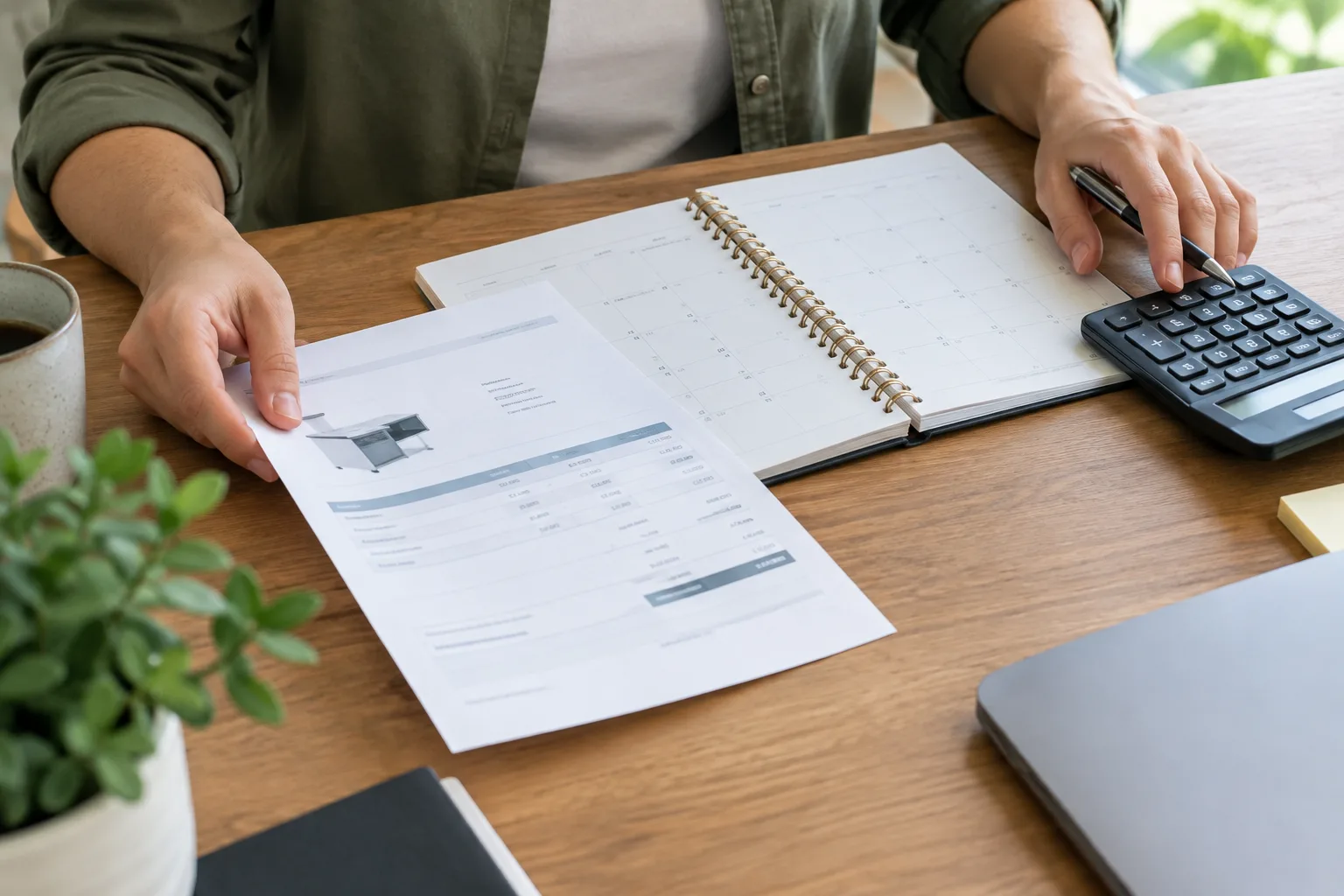 Des mains placent un devis près d’un calendrier et d’une calculatrice pour planifier une dépense professionnelle.