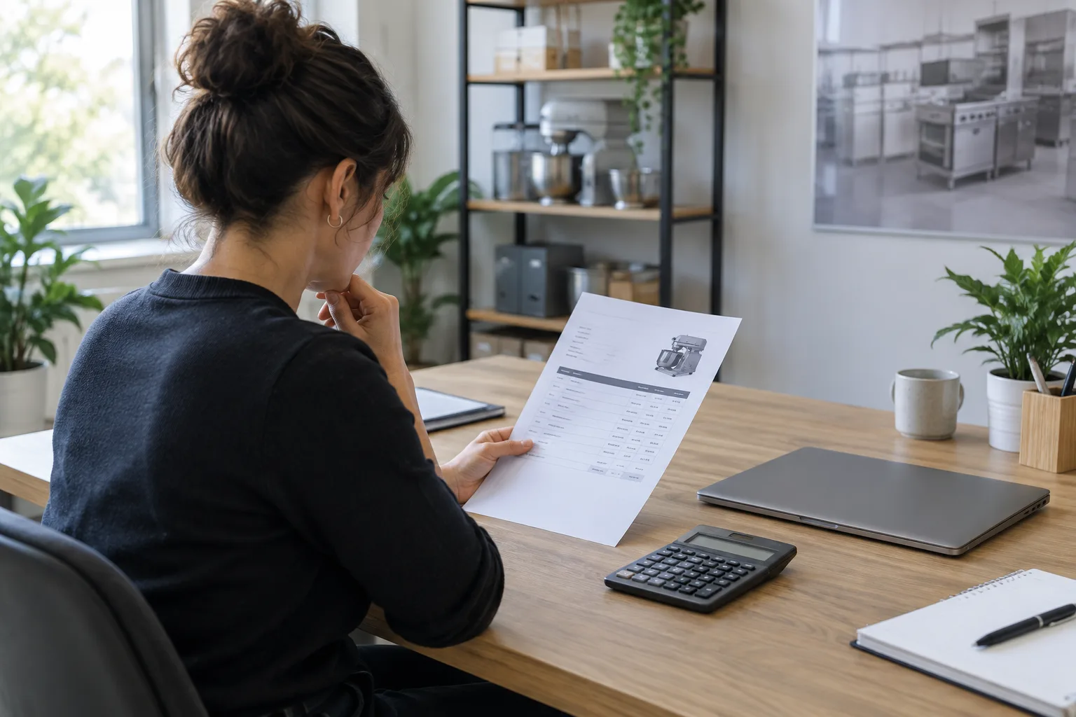 Un dirigeant de TPE examine un devis et prépare le calendrier de paiement d’un achat professionnel.