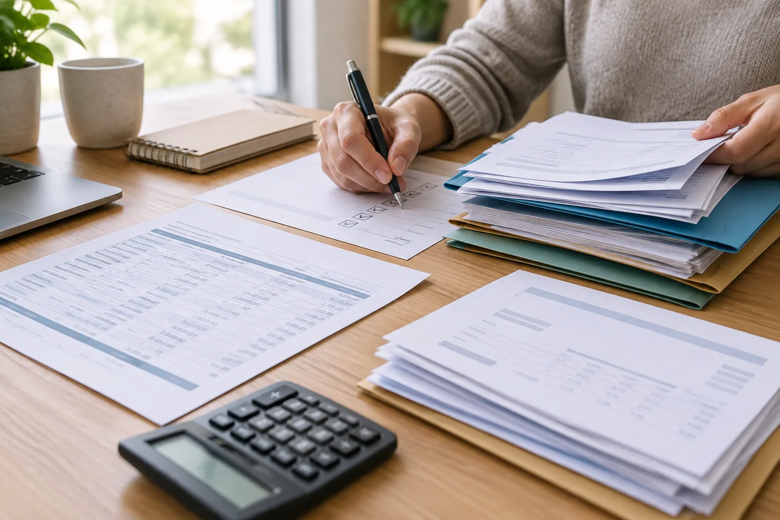 Une main trie des factures et des contrats pour établir l’inventaire des dépenses récurrentes.
