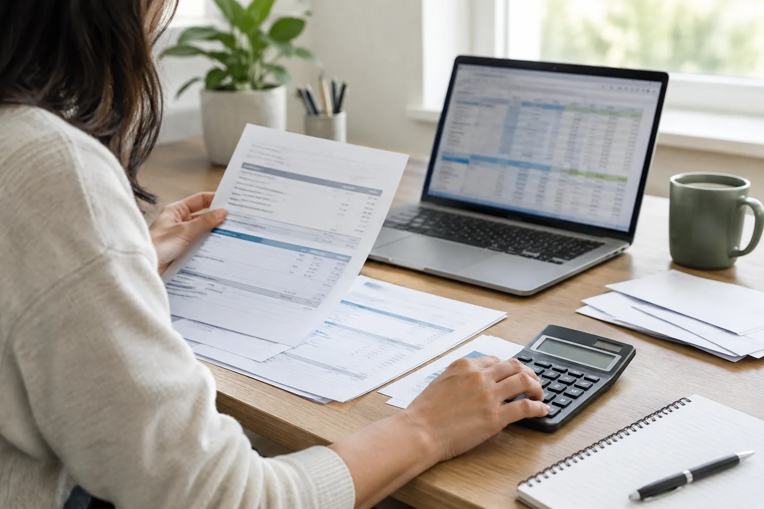 Des factures, un calculateur et un ordinateur réunis pour examiner les dépenses d’une petite entreprise.