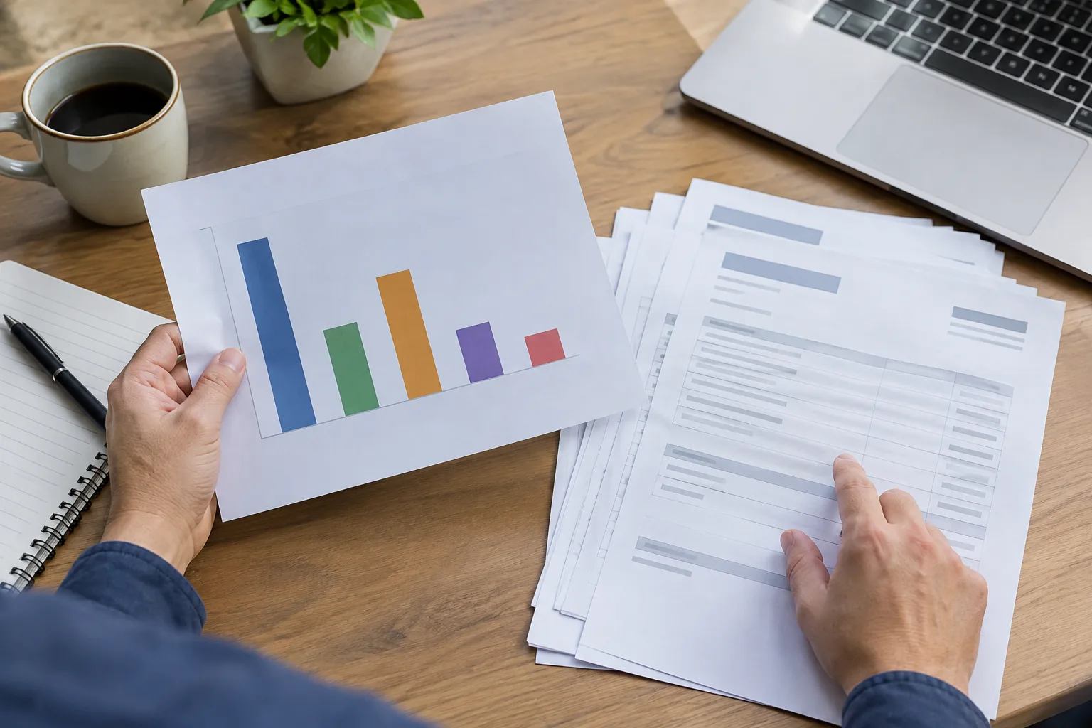 Un graphique de répartition des ventes placé à côté de factures clients.