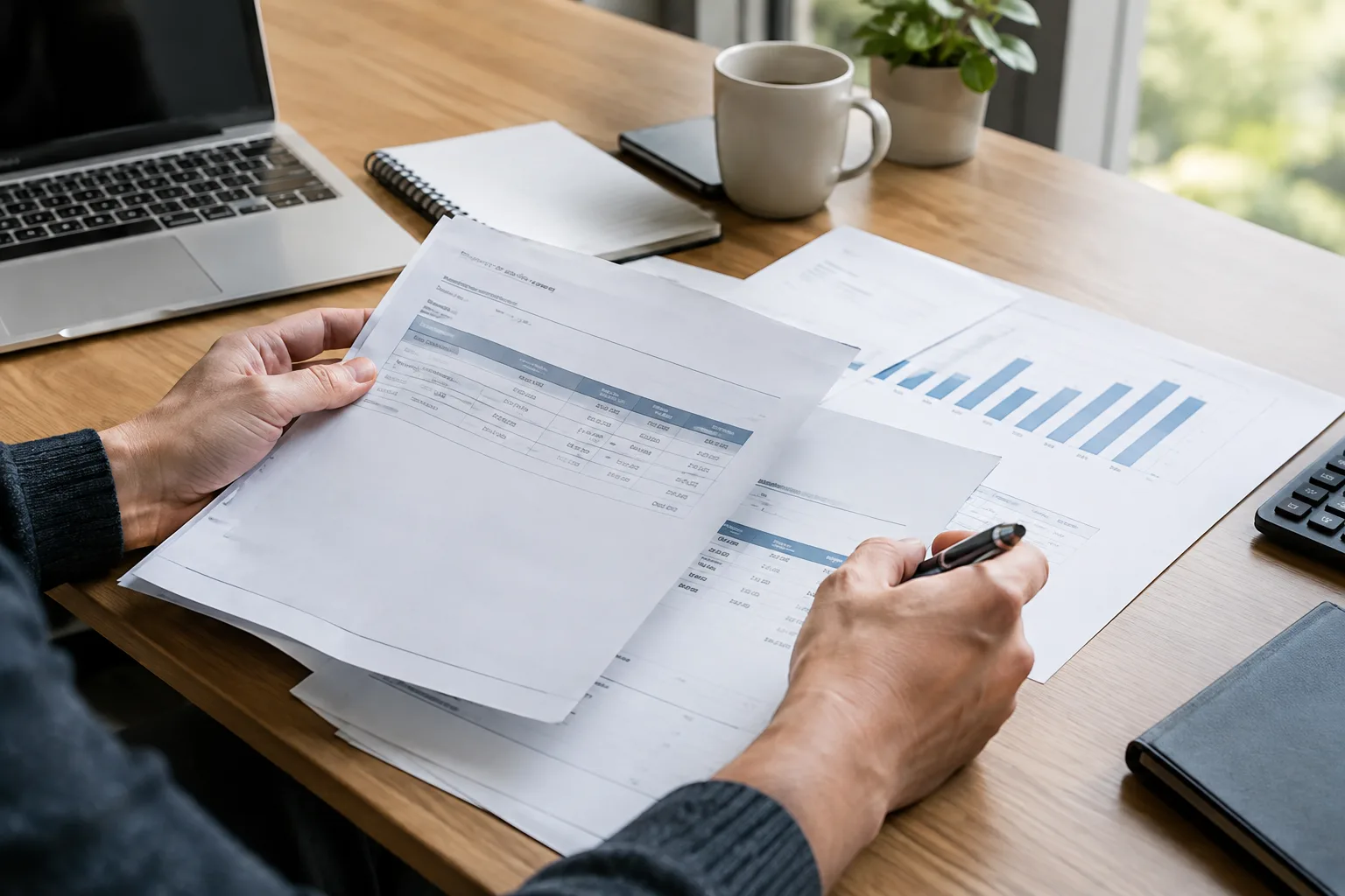 Des factures et un graphique de ventes consultés sur le bureau d’une petite entreprise.