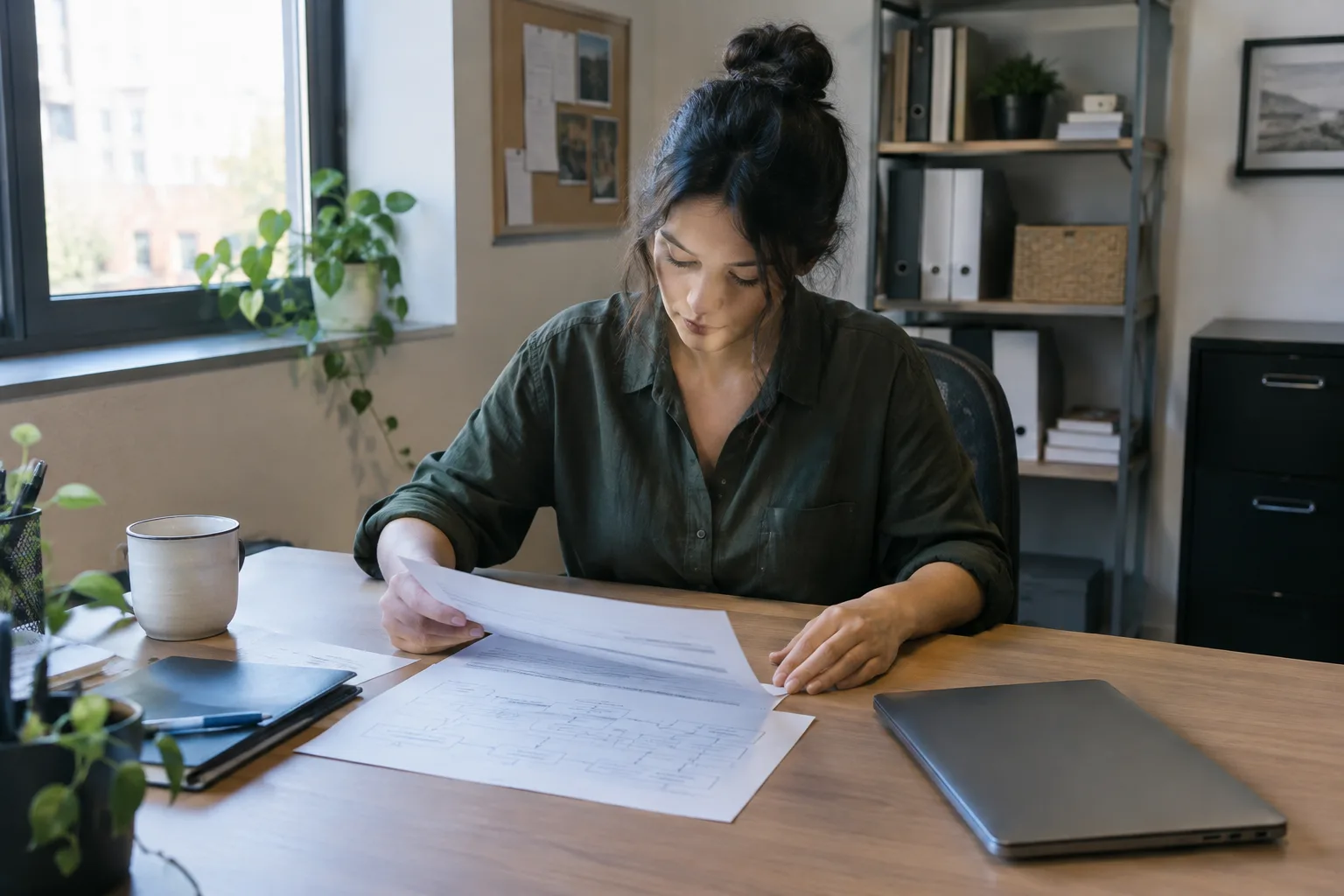 Des documents de travail sont organisés sur le bureau d’une petite entreprise.