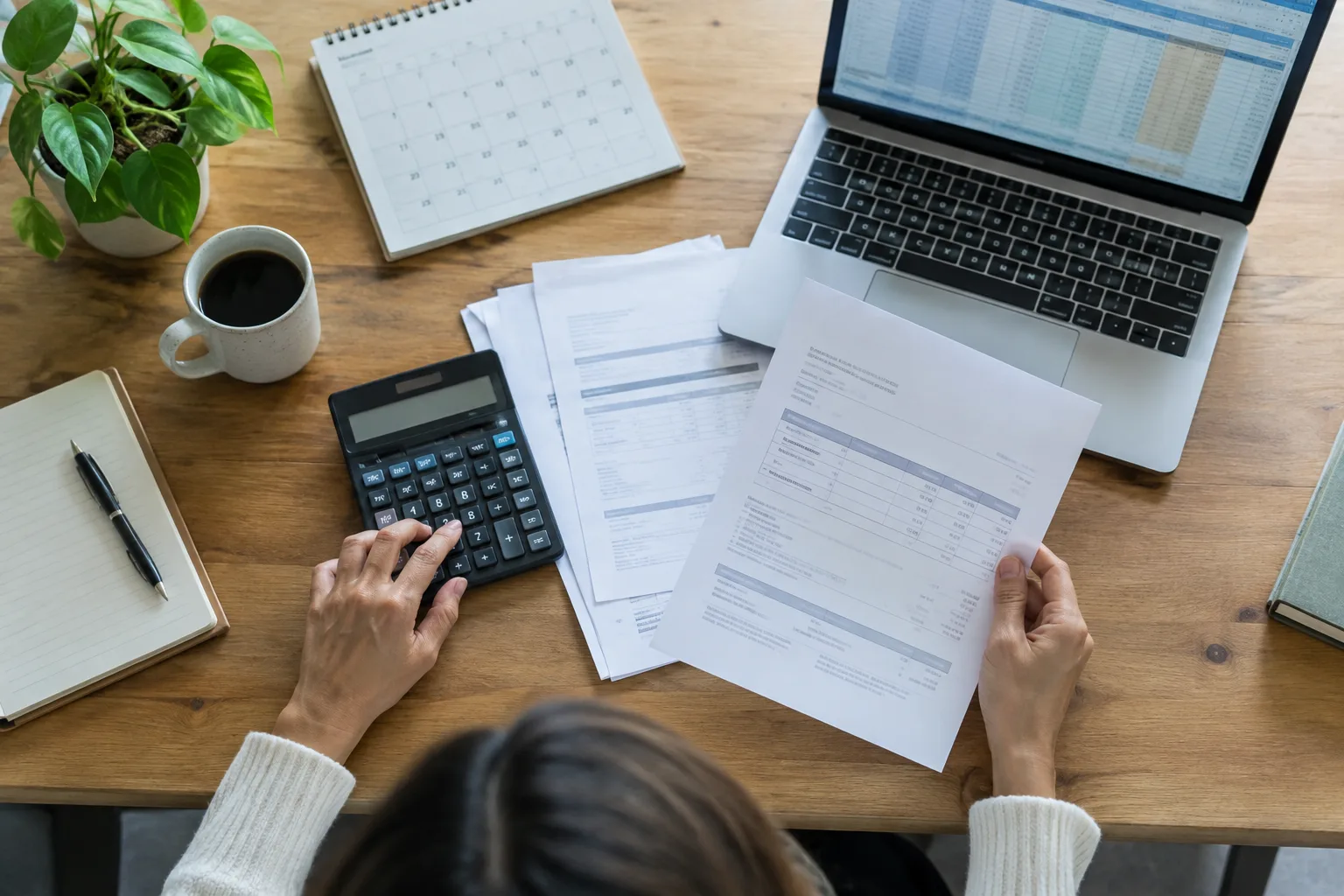 Un bureau de petite entreprise avec des factures, une calculatrice et un ordinateur pour suivre le BFR.