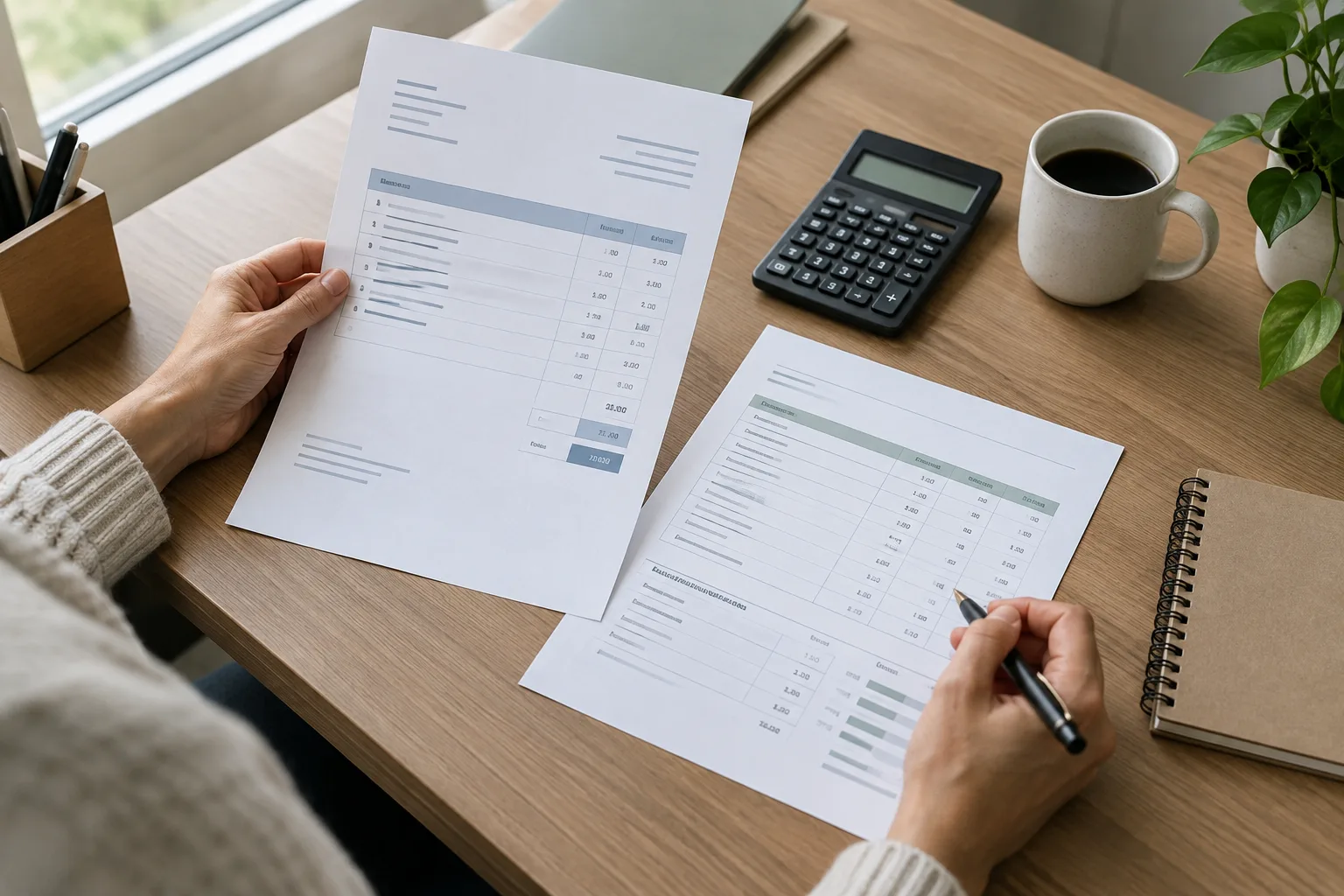 Des documents de gestion et une calculatrice posés sur le bureau d’une petite entreprise.