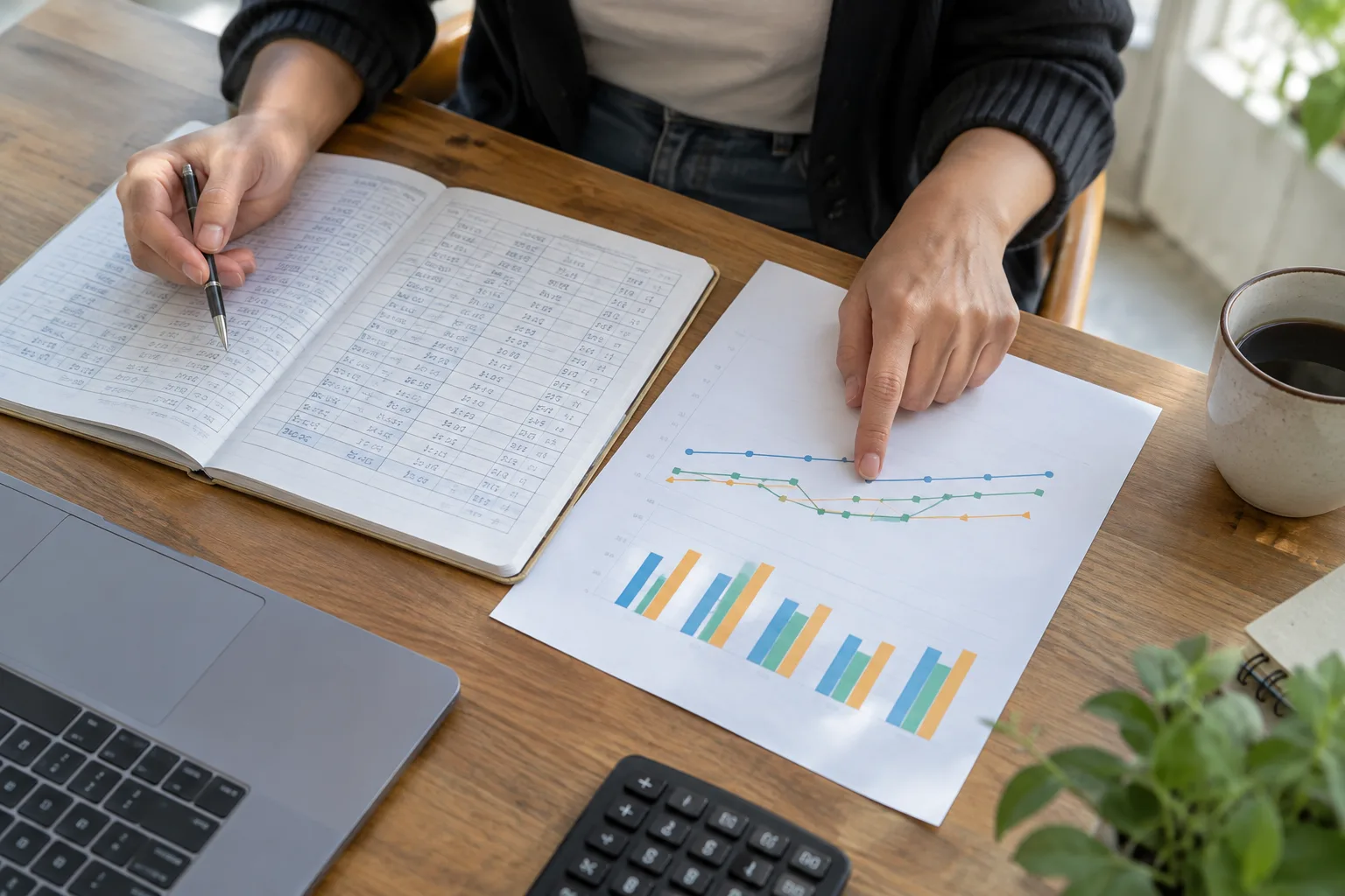 Des documents d’activité et un graphique simple sont comparés sur un bureau.