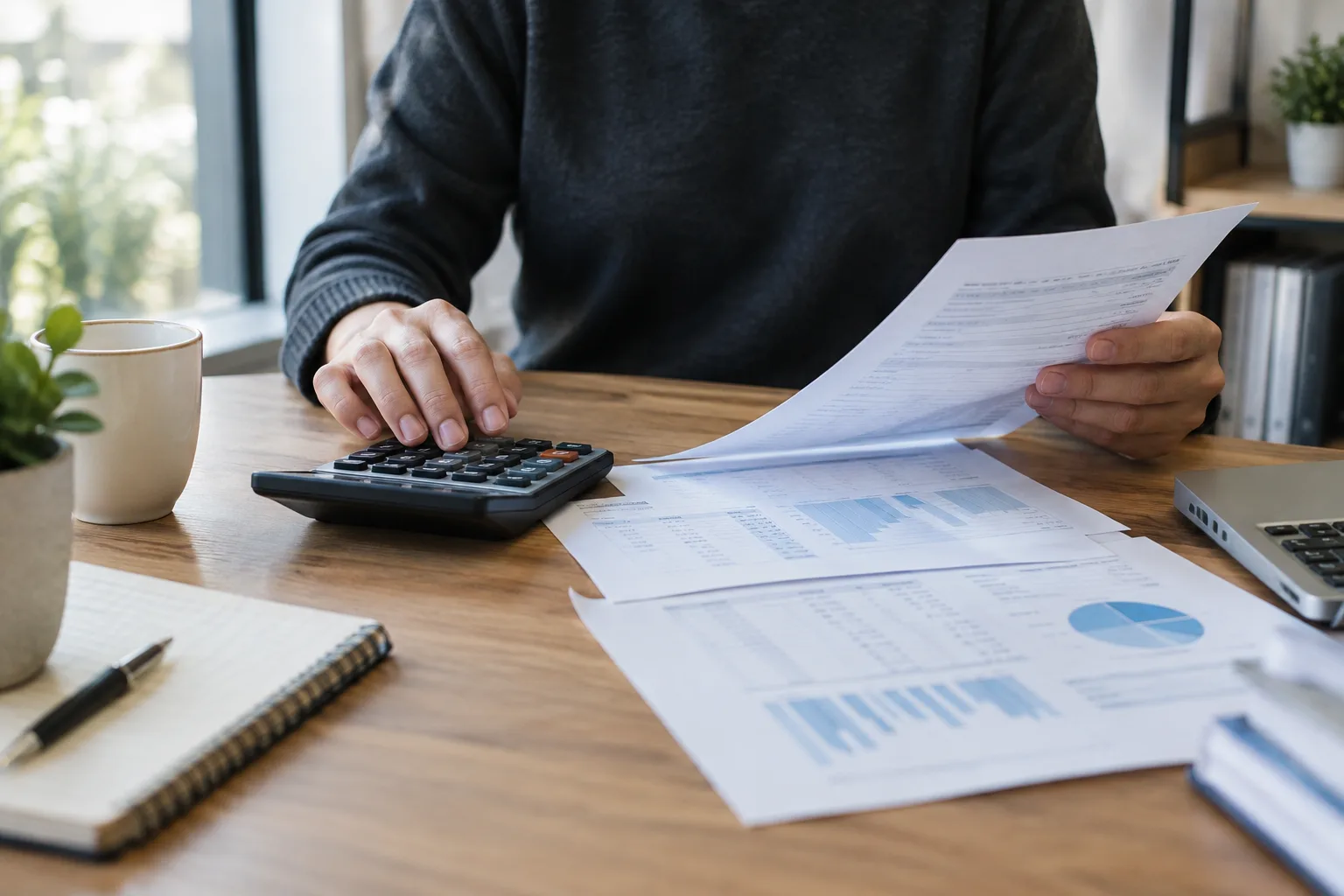 Un dirigeant de petite entreprise examine des documents financiers et une calculatrice sur son bureau.